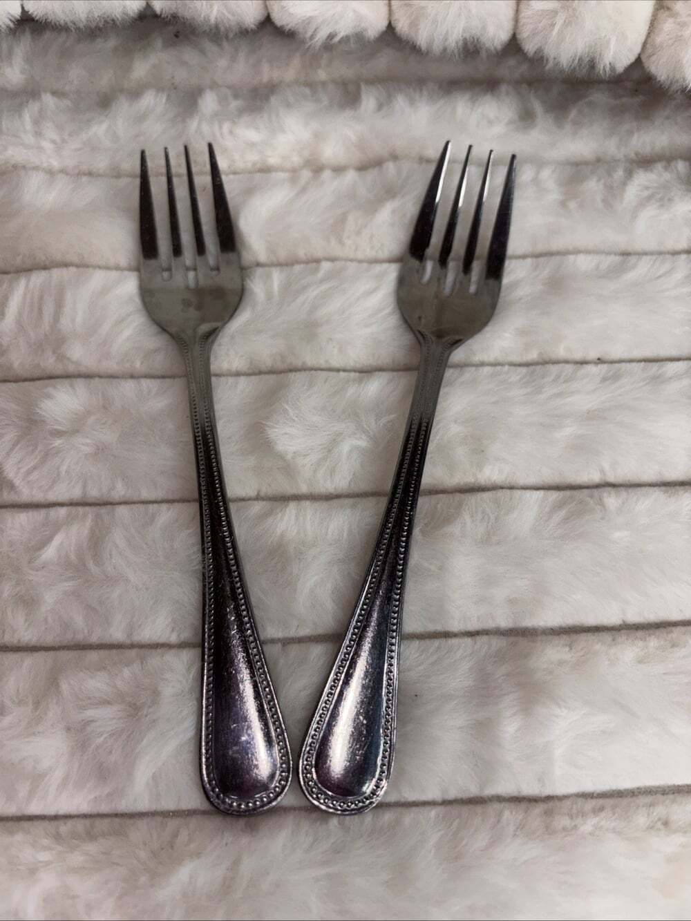 Pair of 2 Vintage Vollrath Japan A6 Dinner Forks Stainless Steel Beaded Pattern